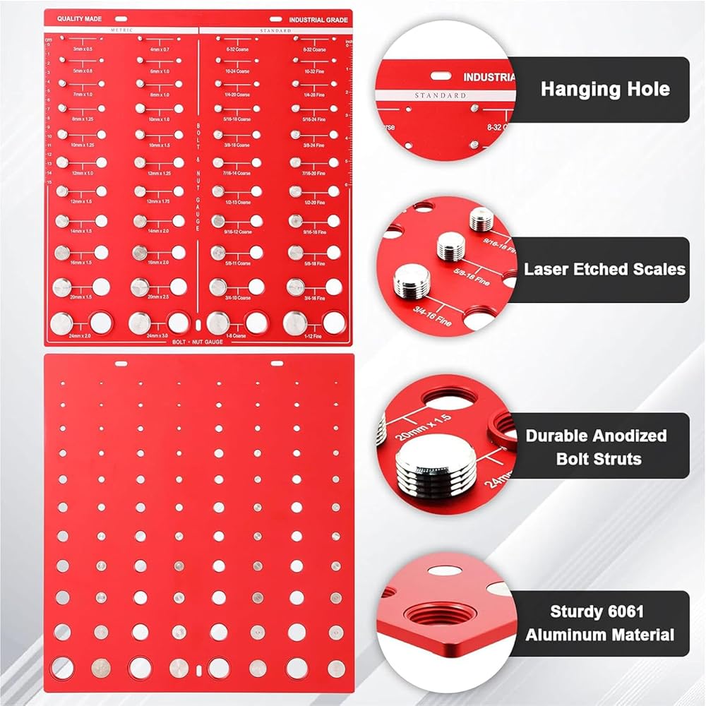 44 Hole Metric & Imperial Thread Checker | Aluminum Alloy Bolt & Nut Size Finder with Mounting Holes view 4