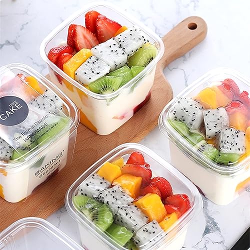 Miniatura 7 de TOFLEN 50Ct 12 oz Square Plastic Dessert Cups with Lids and Sporks, Clear Plastic Yogurt Parfait Cups Cake Cups for Pudding, Fruit, Mousse