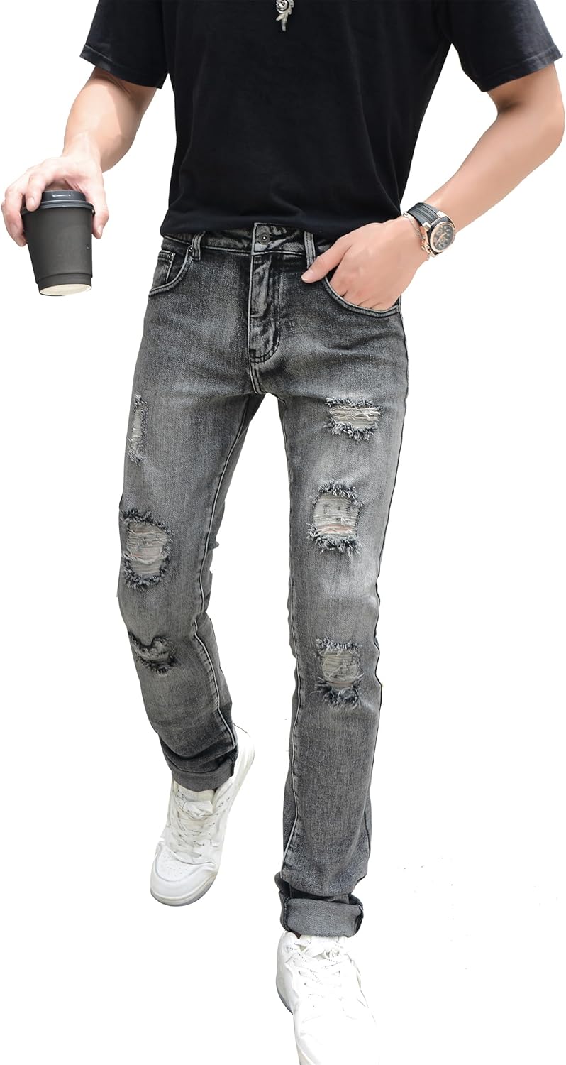 CICOS Mens Jeans Slim Fit Stretch Ripped Jeans for Men Relaxed fit Distressed Straight Leg Fashion Cotton Comfort Flex Pants