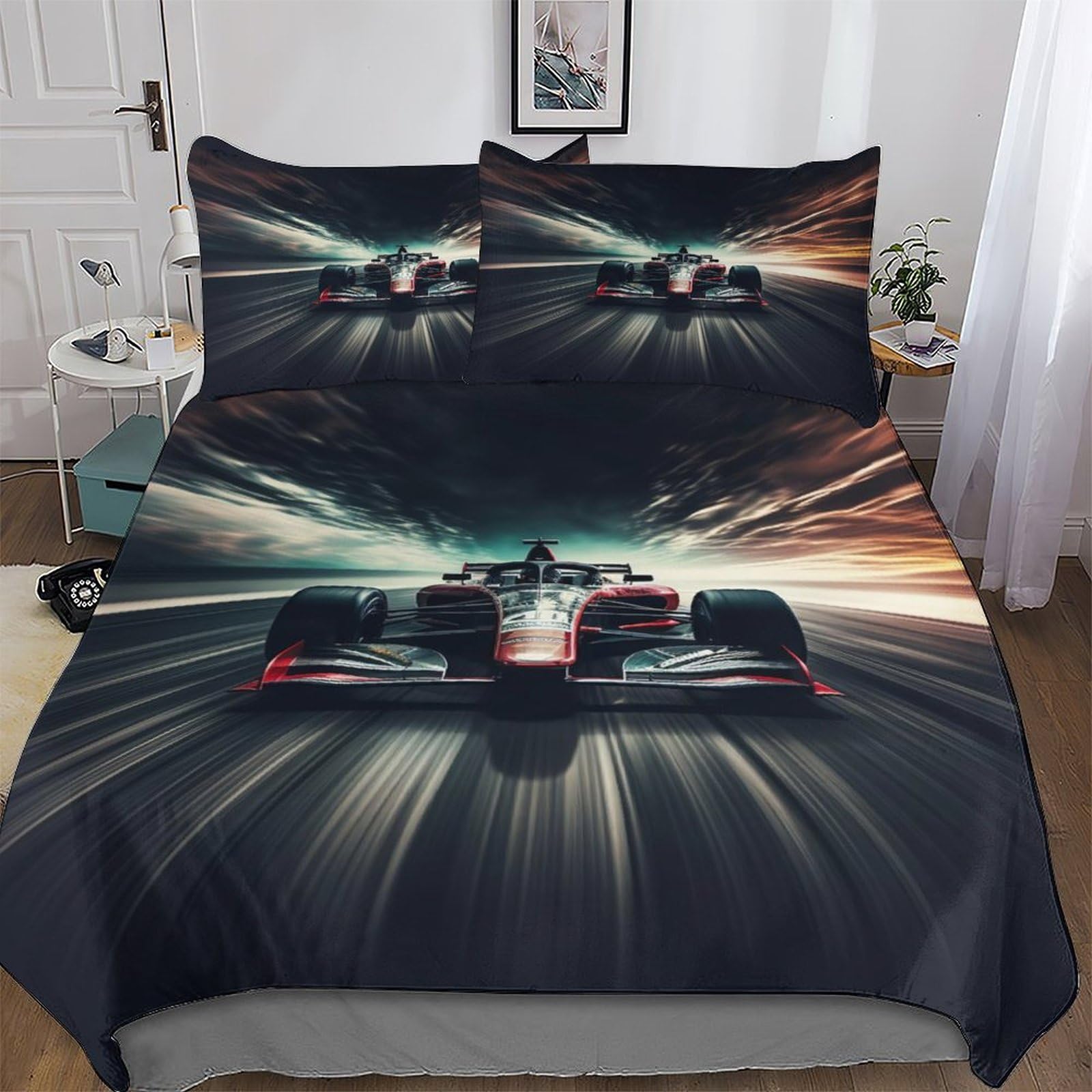 Pazzk Women's F1 Race F1 Racing Duvet Cover 2Pcs, 3D Bedding Sets With Zipper Closure, Microfiber Polyester Quilt Cover With Pillowcase, For Adult Girls Boys Cotton Comforter Cover Single (135X200cm)