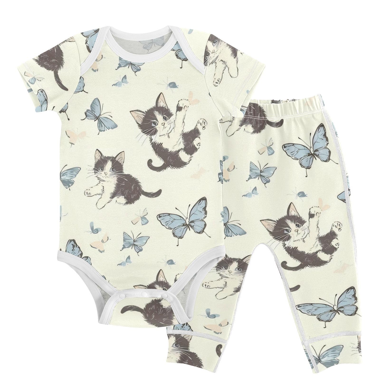 vvfelixl Baby Layette Sets Clothes,Kitten Butterfly Baby Bodysuits Set,Unisex Babys Pants Sets Short Sleeve 12-18M