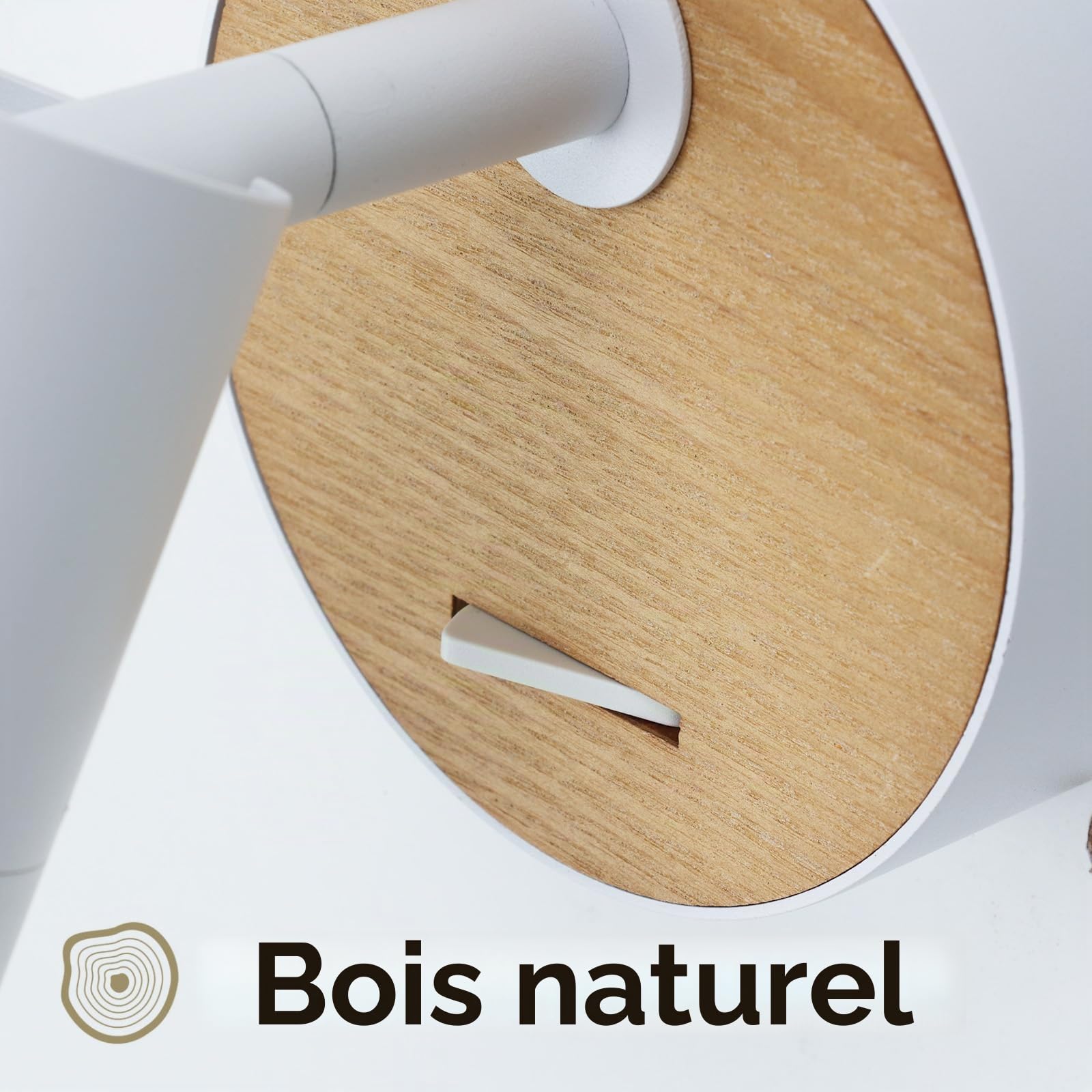Alpinaluz Applique Murale GU10 à Tête Cylindrique Orientable 350°, Base Ronde Ø10 cm, Interrupteur Intégré, Blanc et Bois Naturel, Style Nordique, pour Lecture, Chambre ou Salon