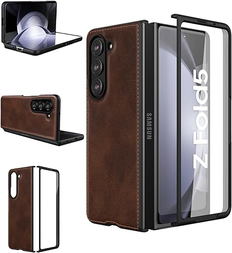 Foluu Funda para Samsung Galaxy Z Fold 5, con protector de pantalla frontal integrado, piel sintética + carcasa rígida de policarbonato ultrafina y