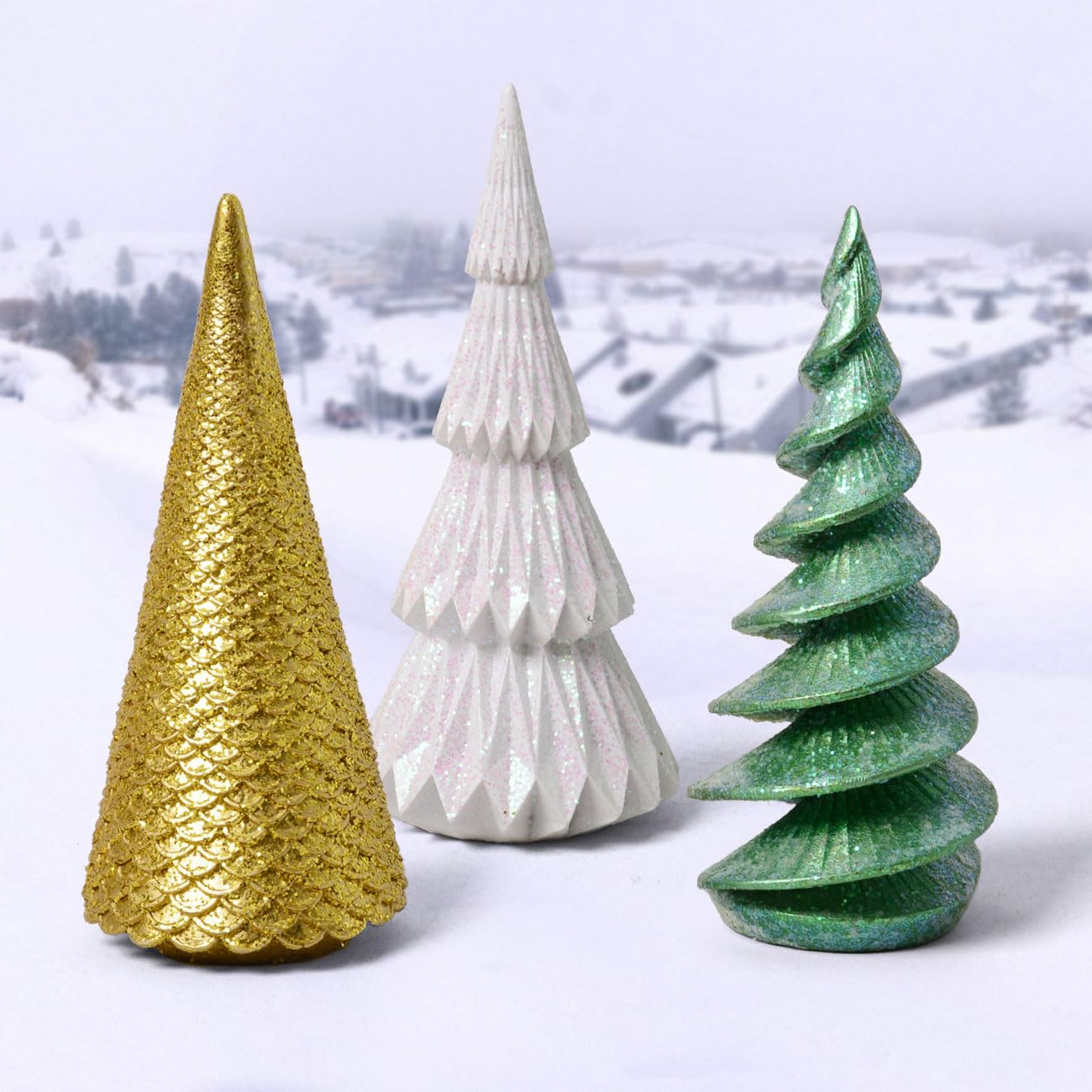 HAUCOZE 3 Assorted Christmas Decoration Tree Statue Figurine Modern Sculpture Home Gifts Green+Gold+White with Glitter