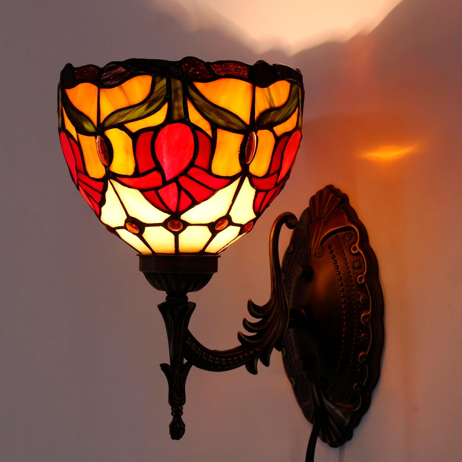Tiffany Wall Sconce Lamp Plug in 8X10.5X11 Inch Stained Glass Wall Light Mount Fixture for Hallway Bedroom ((Tulip Flower Style)