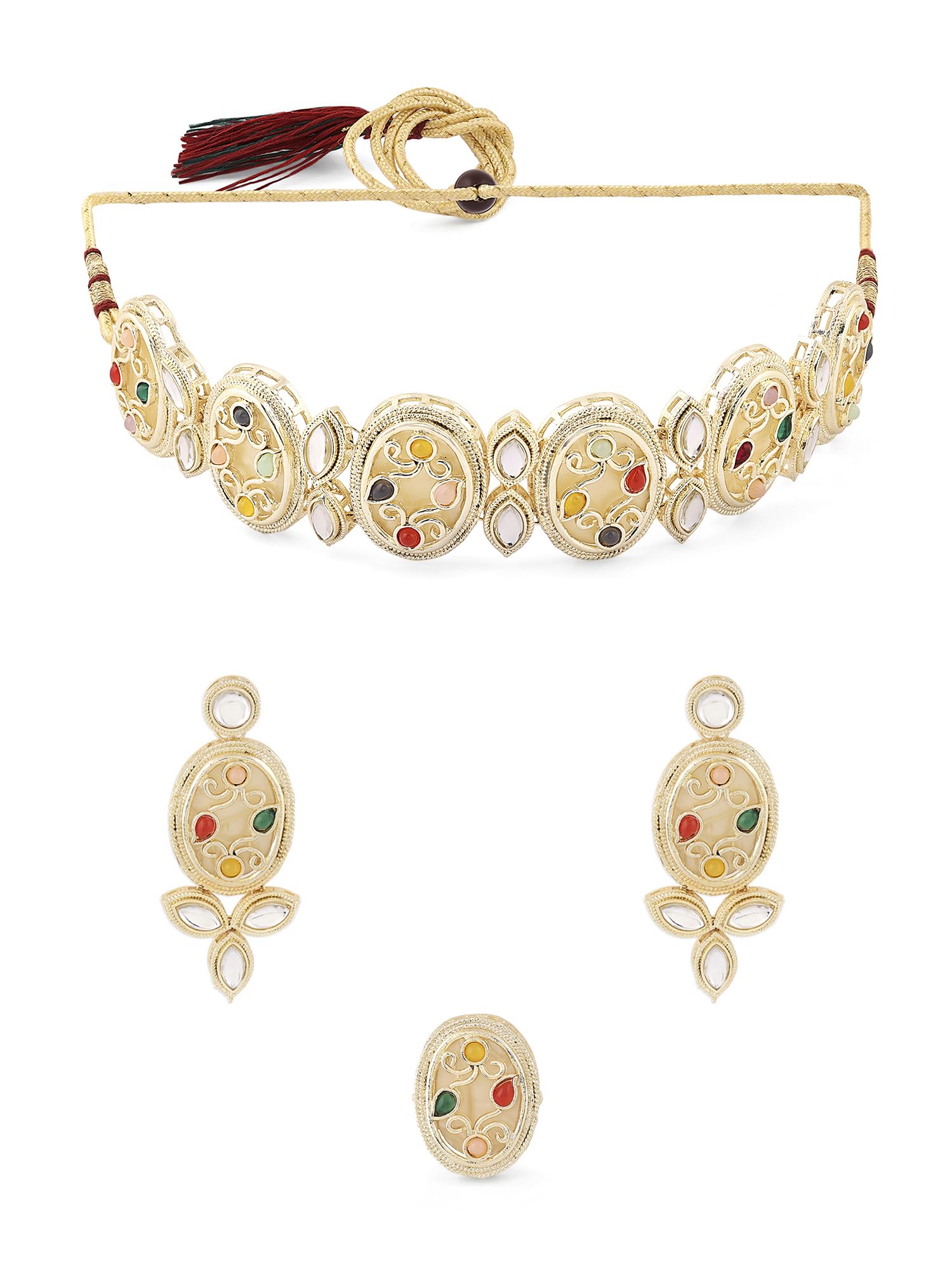 ZAVERI PEARLS Multi Colour Kundan & Stones Choker Necklace Earring & Ring Set For Women-ZPFK16660 (B0CKHZ3XBZ) Amazon Price History, Amazon Price Tracker