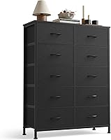 Sweetcrispy 10-Drawer Fabric Dresser Storage Tower - Tall Bedroom Chest Organizer, Steel Frame, Wood Top, Easy Pull Handles, Black
