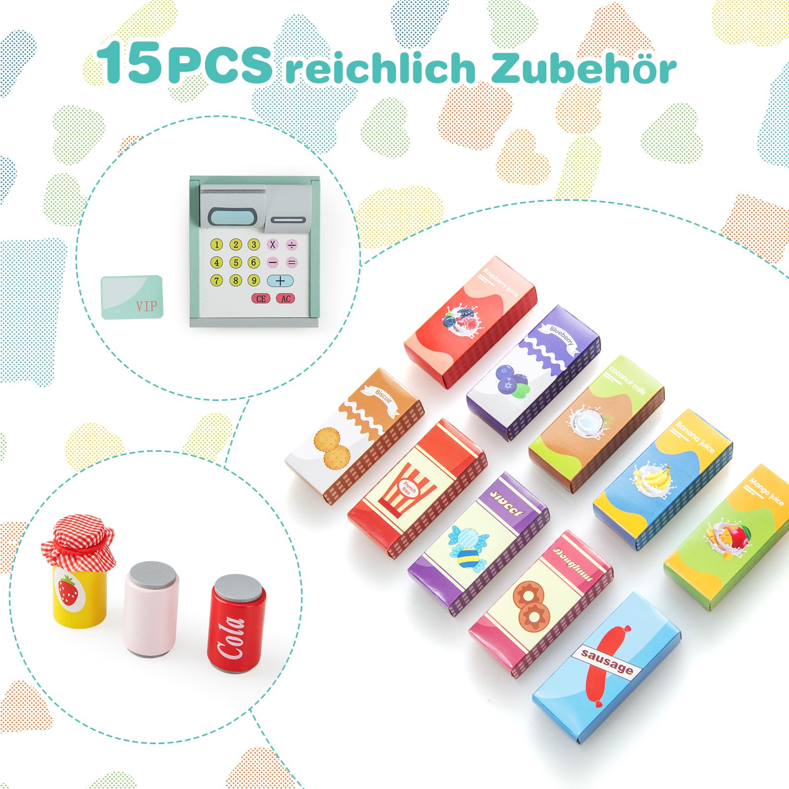 GOPLUS Kinder Kaufladen, Supermarkt aus Holz, Kaufmannsladen mit mit Kasse, POS-Automat & Verkaufsautomat, Einkaufsladen Rollenspiele mit 15 Zubehör & Tafel für Kinder von 3-8 Jahren (Minzgrün)