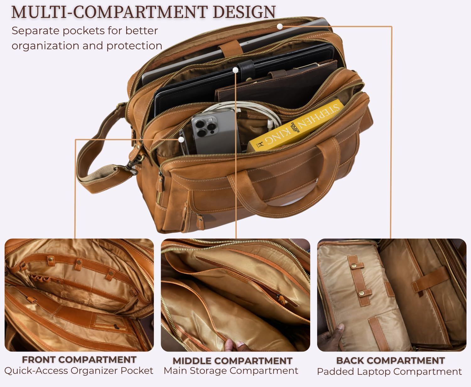 Leather Messenger Bag for Men, Genuine Leather Briefcase Fits 15 Inch Work Satchel for Office, Business, and Travel Use