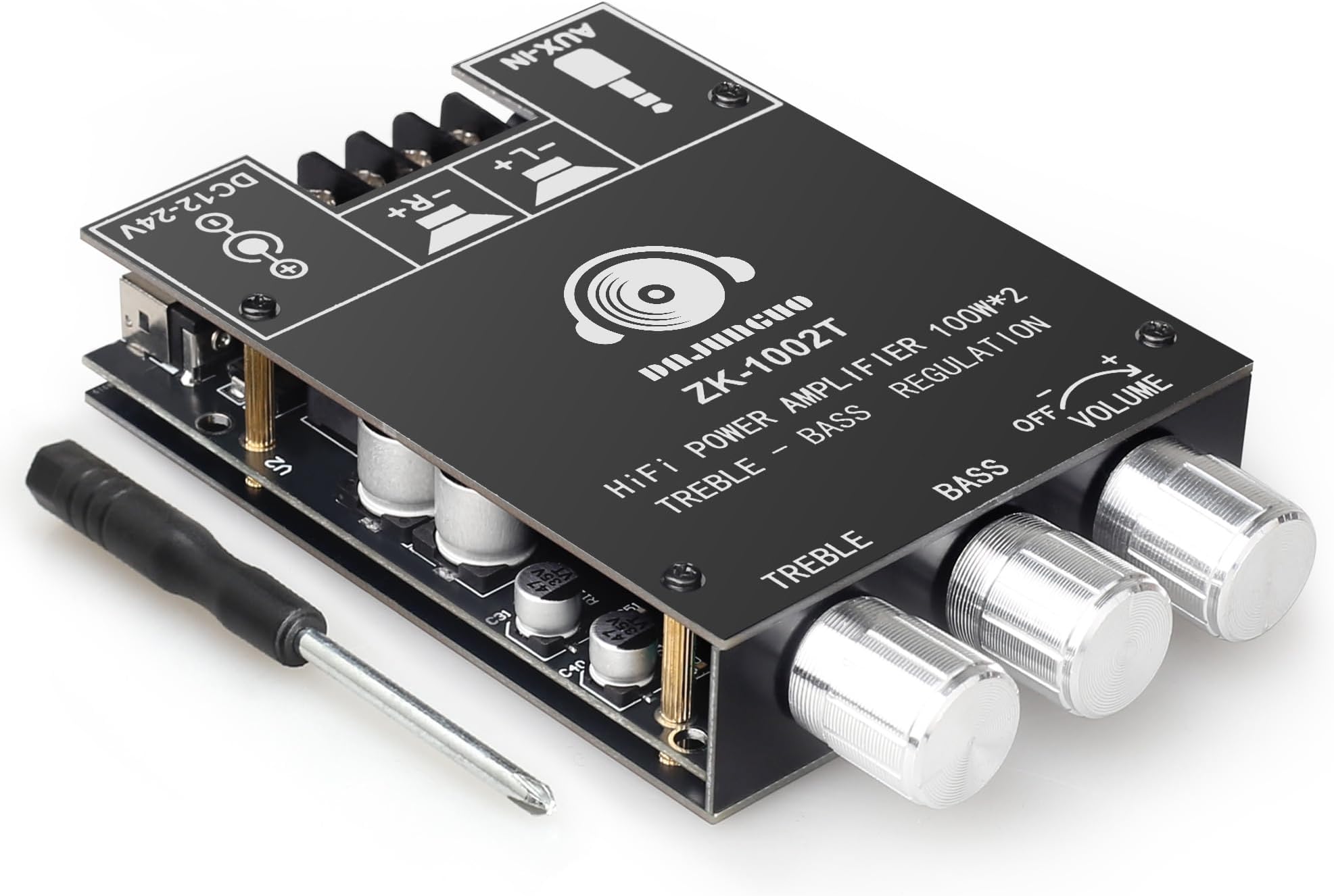 100W+100W Amplifier Board with Treble and Bass Control, DC 9-24V, BT and AUX Inputs, 2.0 Channel Stereo AMP Board for DIY Wireless Speakers, Password Free (DAJUNGUO ZK-1002T)