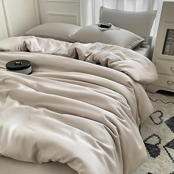 Simple Solid Color Lyocell Duvet Cover Set, Soft and Breathable Bedding Set Comforter Cover Set, Bedding 3 Pieces for All Seasons, with Zipper Closure and 2 Pillowcases,Gray 3,Queen