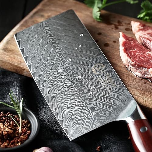 Miniatura 8 de YARENH Cuchillo chino de 7 pulgadas, cuchillo de chef de Damasco para cocina, 67 capas de acero inoxidable de alto carbono, mango de sándalo
