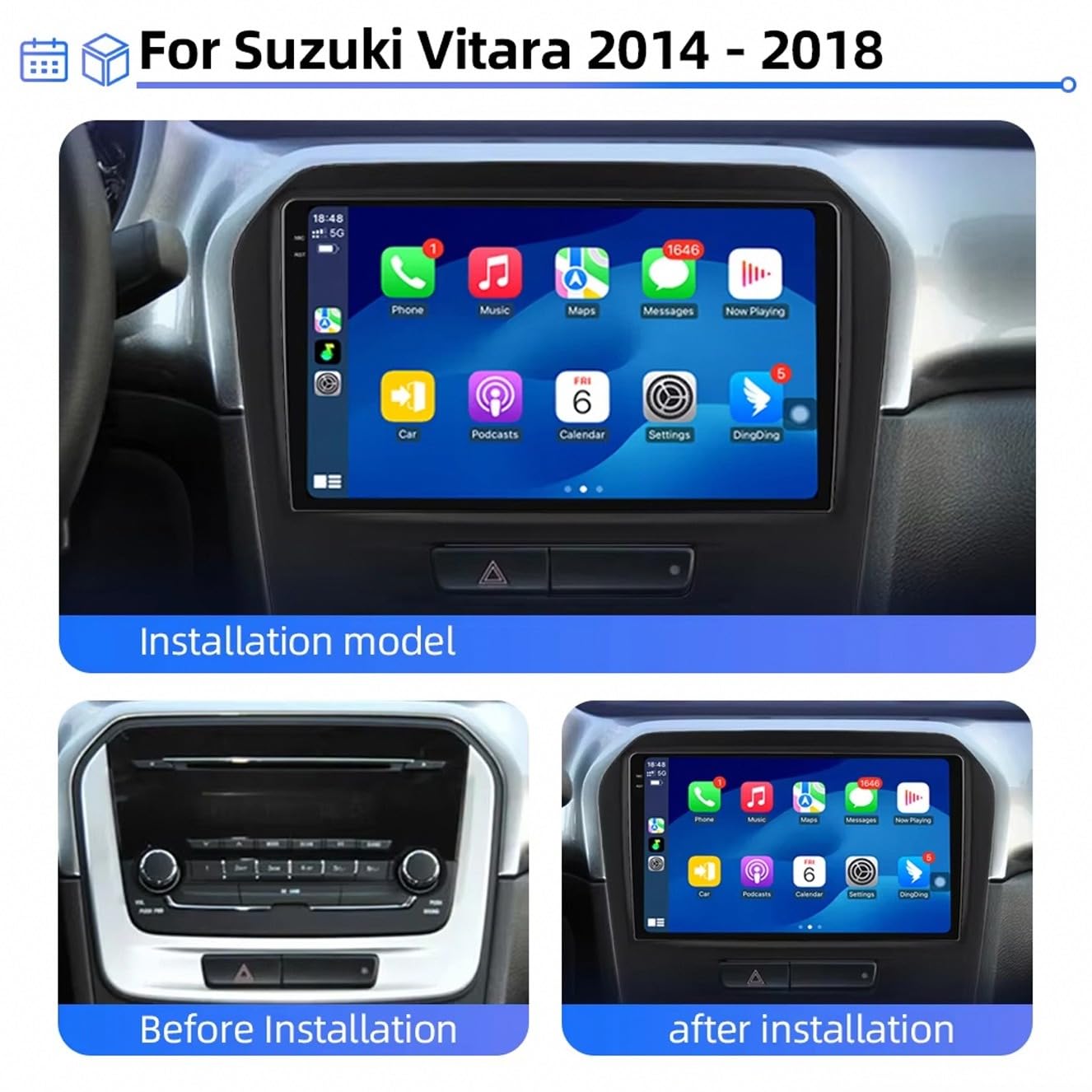 Car Stereo Carplay Radio de Coche para Suzuki Vitara 2014-2018 Soporta Bluetooth, Control Volante, USB, WiFi, 4G, Mirror-Link, GPS Navegador/Radio FM, 4 Nuclear 1G+32G
