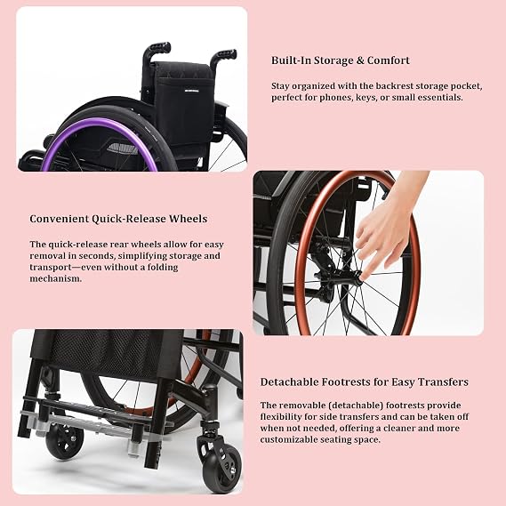 Ultralight Aluminum Wheelchair, Self-propelled Adults Sports Chair, with Quick Release Rear Wheels and Anti-Tip Wheels(Purple,14.9in Seat Width)