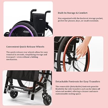 Ultralight Aluminum Wheelchair, Self-propelled Adults Sports Chair, with Quick Release Rear Wheels and Anti-Tip Wheels(Purple,14.9in Seat Width)