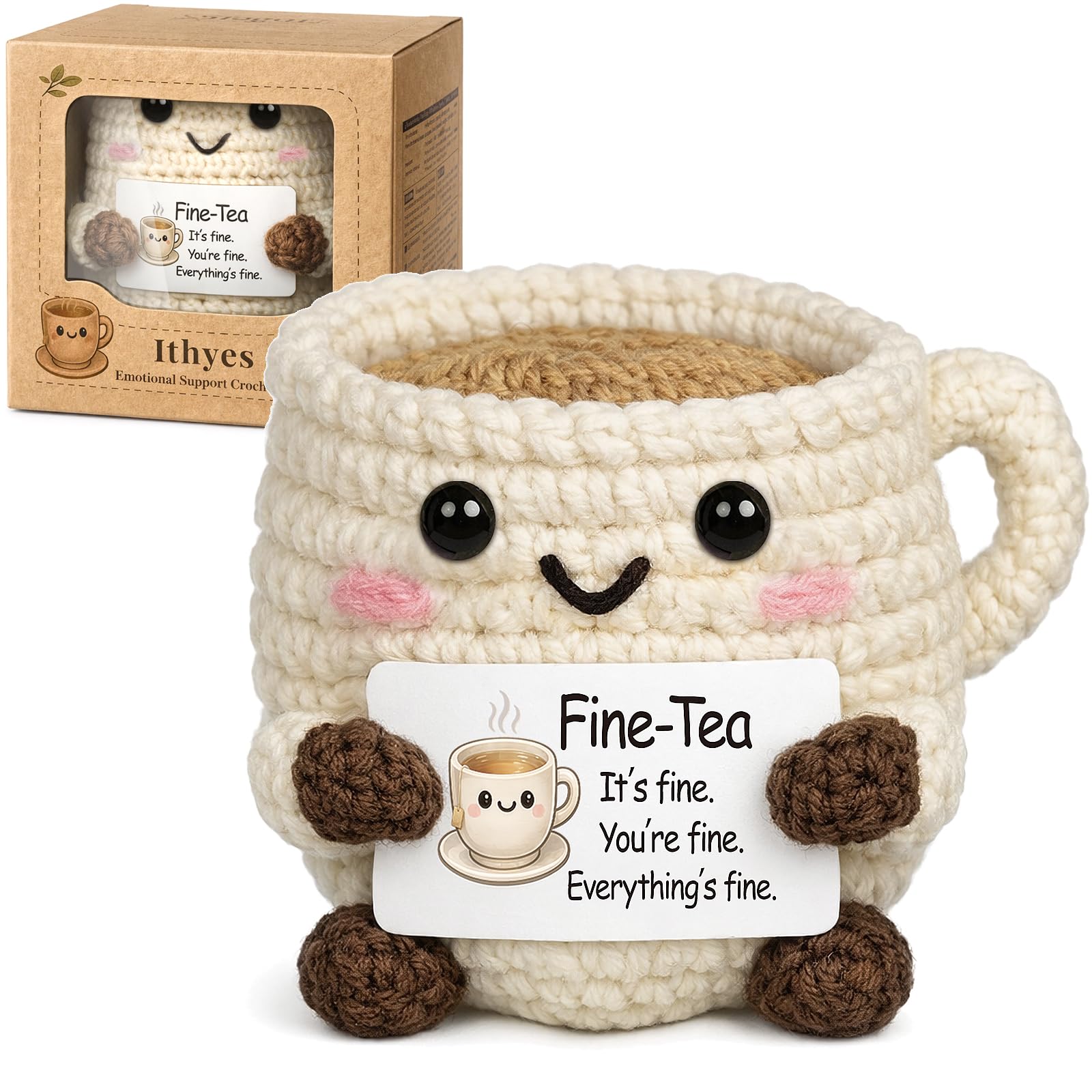 Ithyes Handmade Crochet Tea Cup Collectible Doll for Office Desk Decor, Cute Emotional Support Desk Ornament, Decorative Gift for Women, Coworkers, Friends, Shelf, Bedside & Office Desk Keepsake