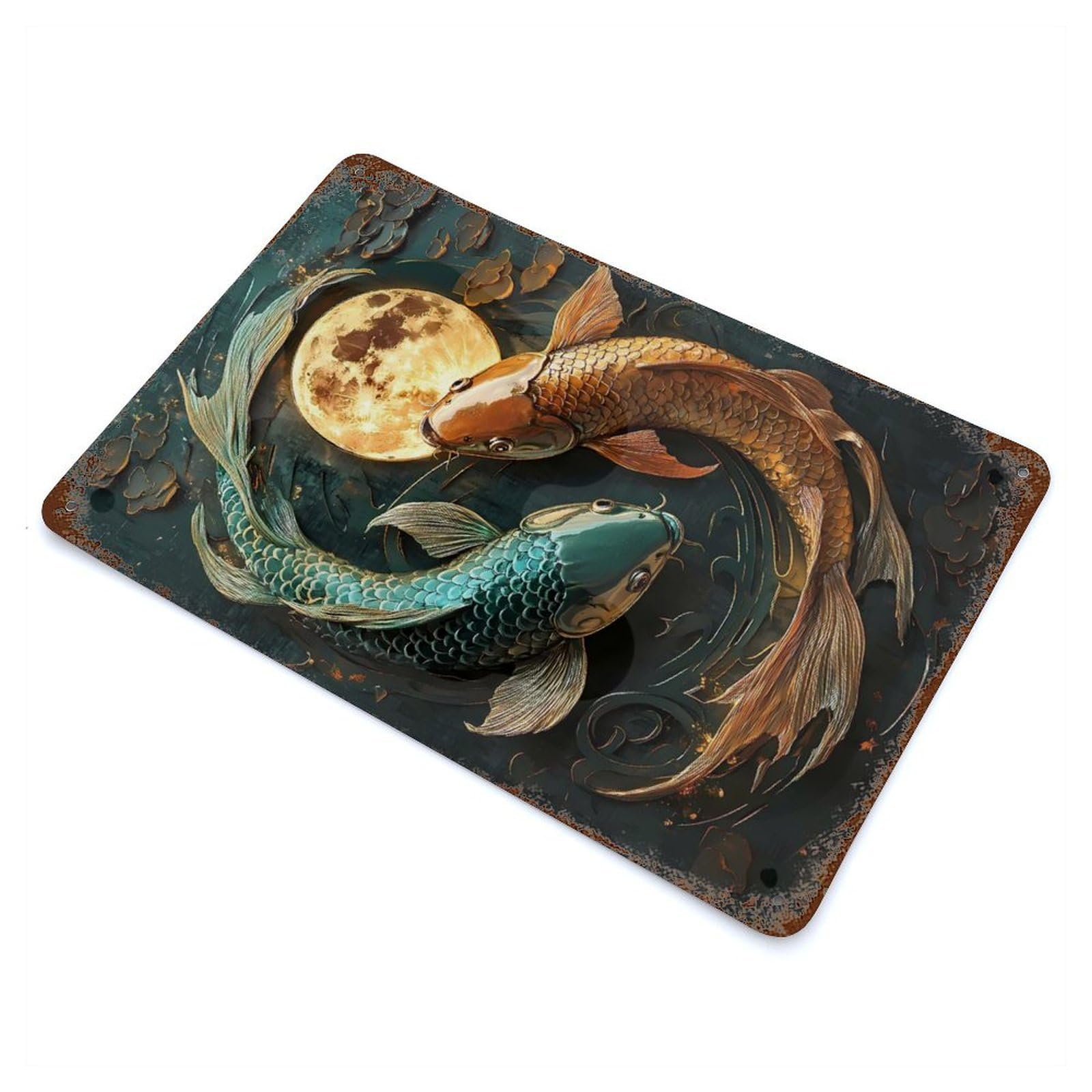 Rust Effect Koi Fish And Moon Japanese Asian Yin And Yang Decorative Tin Sign 11.8"x7.9", Vintage Wall Decor for Farmhouse, Kitchen And Entryway Decor