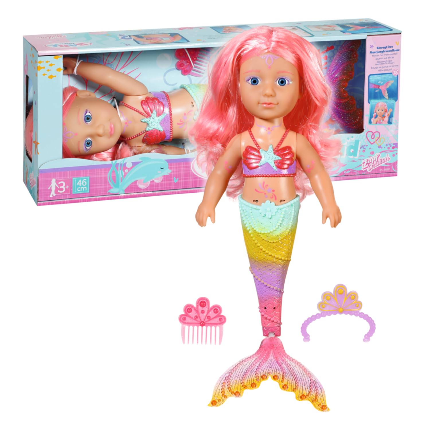 BABY born Zapf Creation 835357 Little Sister Meerjungfrau 46cm - Meerjungfrauen-Puppe Langen Haaren, schimmt durchs Wasser mit beweglicher Glitzer-Flosse, inkl. Diadem & Kamm.