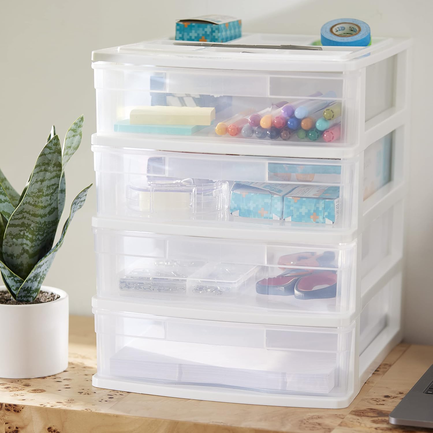 Gracious Living 4 Drawer Desktop & Countertop Organizer w/Organization Lid for Craft Storage, Office Supplies & School Supplies, White/Clear (3 Pack)
