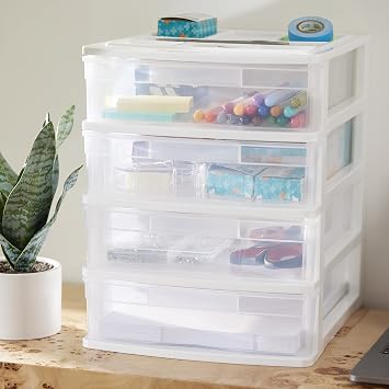 Gracious Living 4 Drawer Desktop & Countertop Organizer w/Organization Lid for Craft Storage, Office Supplies & School Supplies, White/Clear (3 Pack)