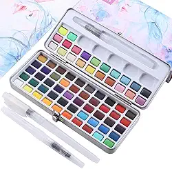 angwang Conjunto de tinta aquarela sólida com 72 cores, kit com 3 pincéis de pintura e estojo de metal portátil, para profissionais, iniciantes, estudantes, bloco de ferramentas de pintura de arte