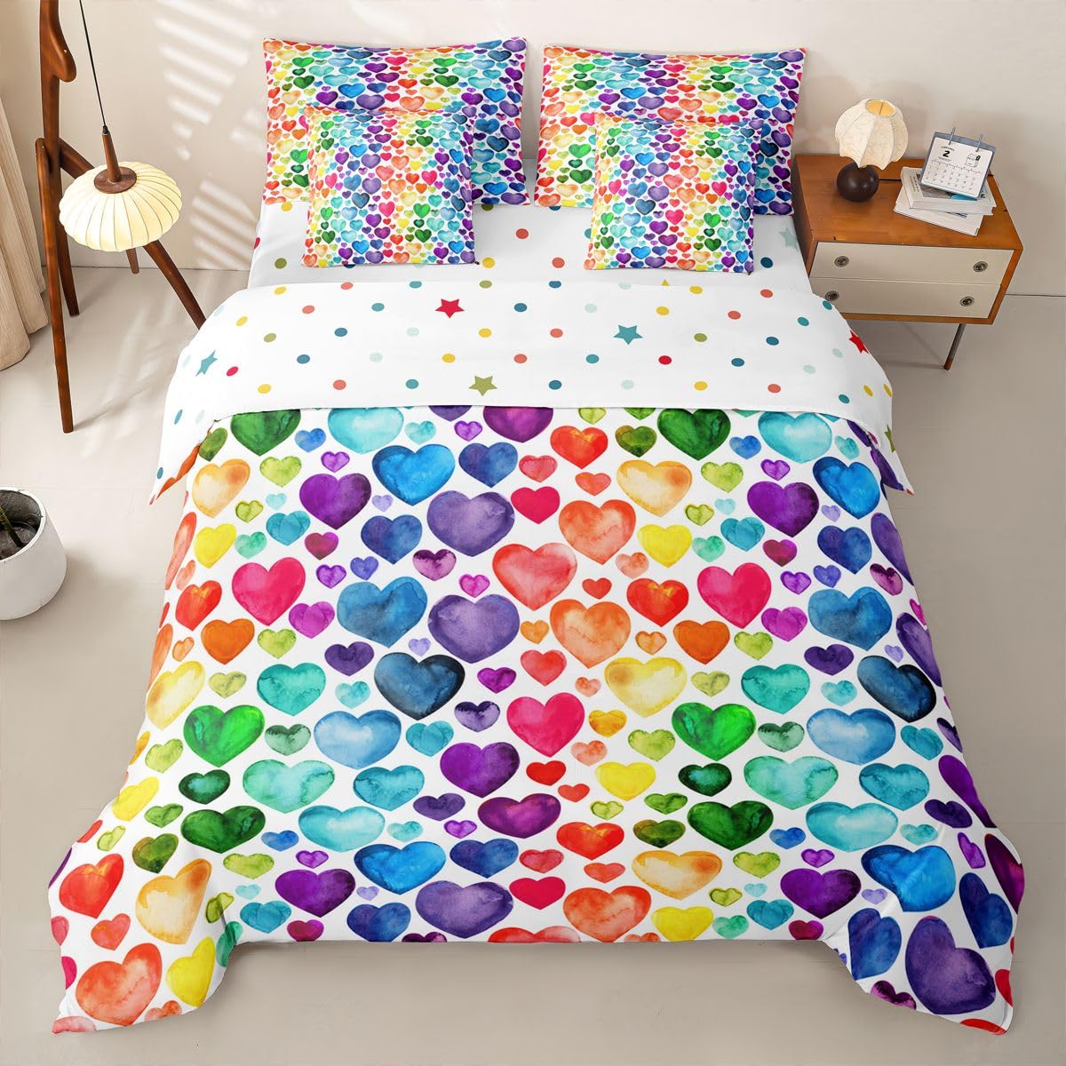 Homemissing Liebesherz Bettwäsche Pärchen Buntes Liebesherz Bettwäsche 135x200 7teilig Regenbogen Herz Bettwäsche-Set 1 Bettbezug,1 Spannbettlaken,1 Bettlaken,2 Kissenbezüge,2 Dekokissenbezüge