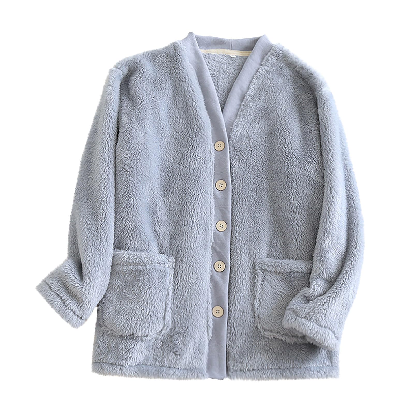 Womens Cozy Fleece Pajama Jackets V-Neck Button Down Fuzzy Soft Cardigan Sleepwear Ladies Sleepwear with Pockets