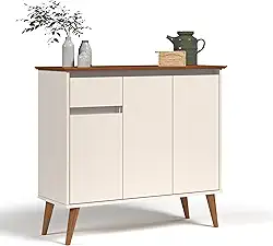 Aparador Balcão Armário Bancada Cozinha Cantinho do Café Buffet Sala de Jantar Bar e Estar com 3 Portas e 1 Gaveta Retrô Veneza (Offwhite/Freijó)