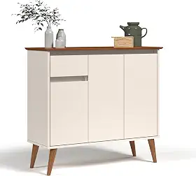 Aparador Balcão Armário Bancada Cozinha Cantinho do Café Buffet Sala de Jantar Bar e Estar com 3 Portas e 1 Gaveta Retrô Veneza (Offwhite/Freijó)