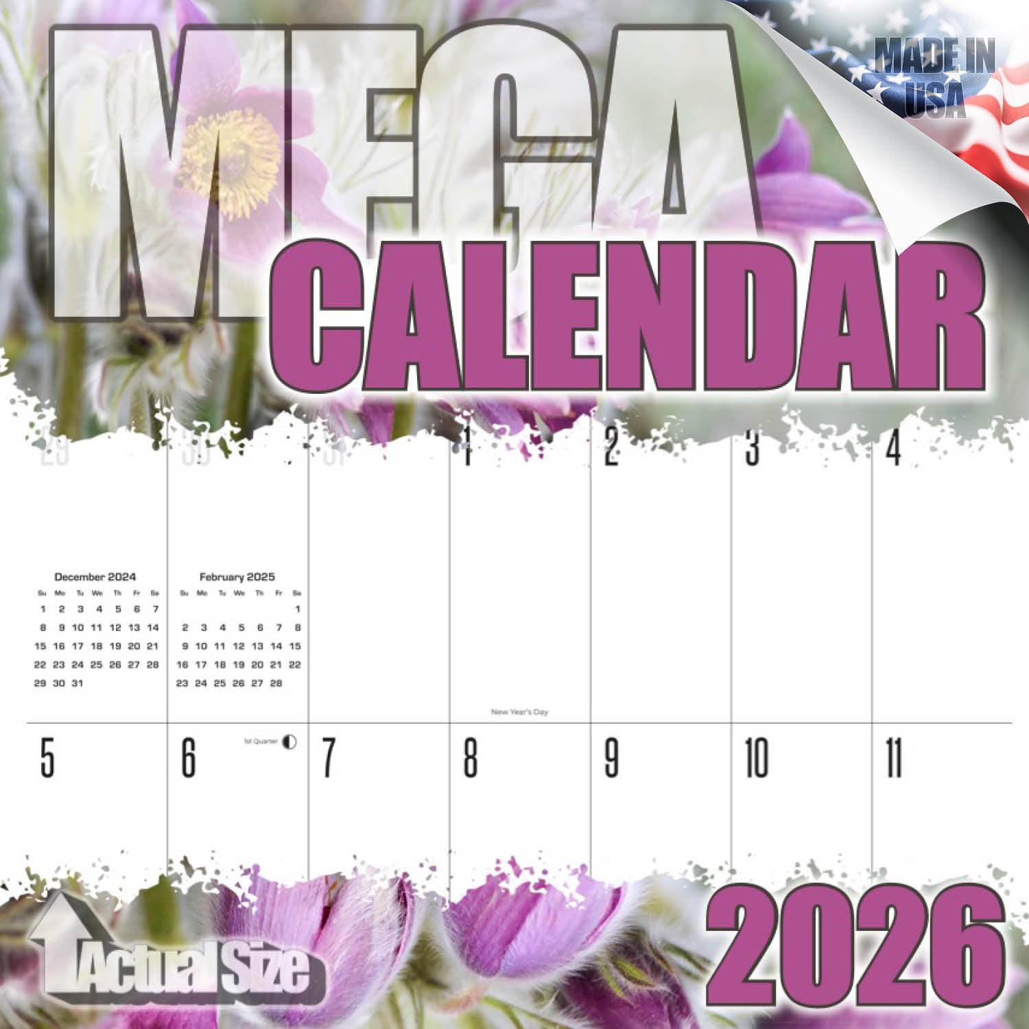 Wandkalender 2025 2026 mit großem Raster, Blumenmotiv, großer Druck, großes Raster, Wandplaner, 30,5 x 61 cm, offen, dickes Papier, kein Ausbluten, Geschenk für Lehrerplanung, Organisation