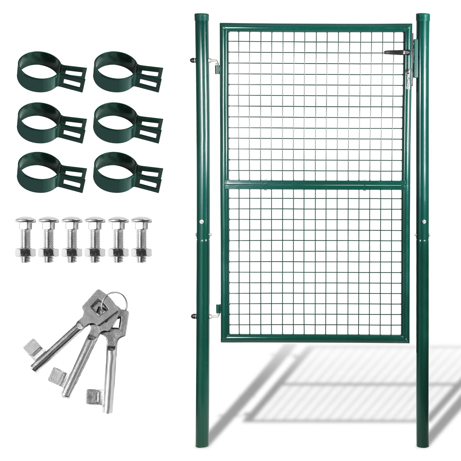 Puerta de jardín de 150 x 100 cm, de acero galvanizado, para cobertizos, vallas, patio, incluye mango de acero inoxidable y 3 llaves, color verde