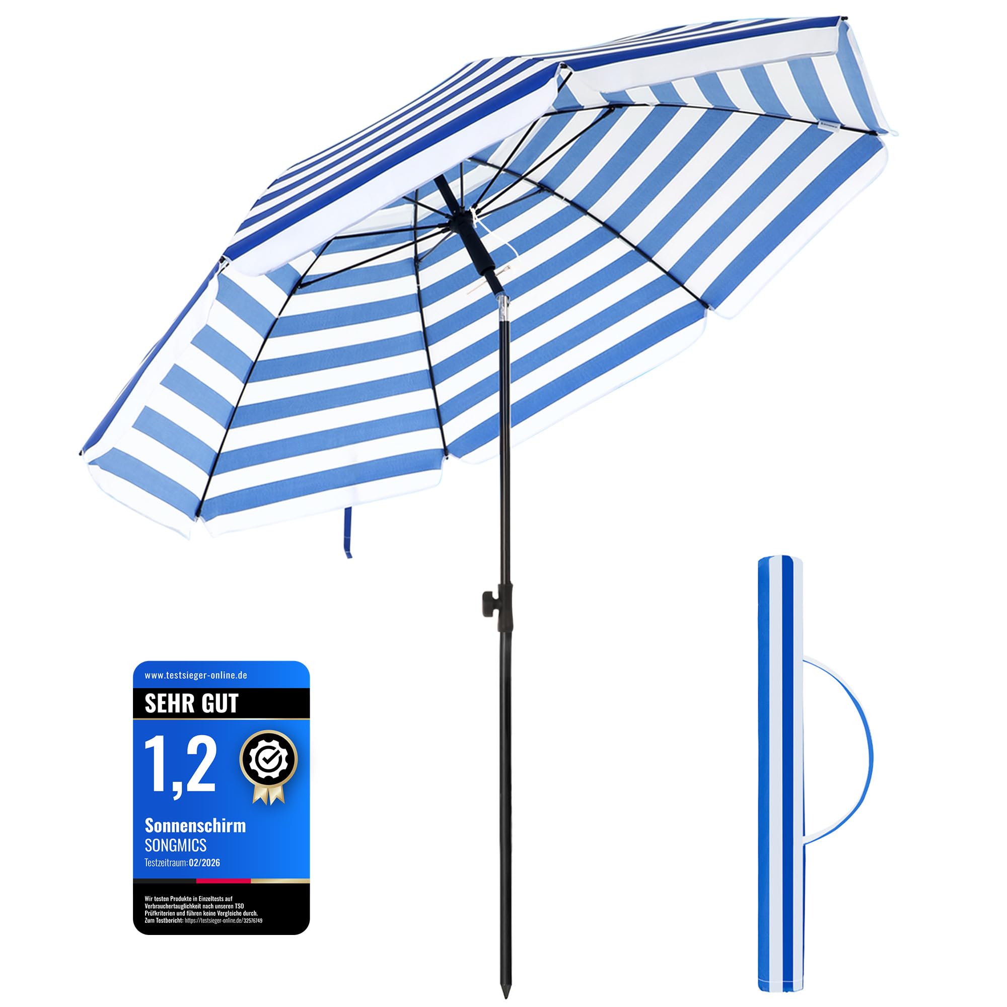 SONGMICS Sonnenschirm 160 cm, Sonnenschutz, UPF 50+, Strandschirm, beidseitig um 30° knickbar, höhenverstellbar, mit Tragetasche, Balkon, Garten, Strand, ohne Ständer, blau-weiß gestreift GPU60WU