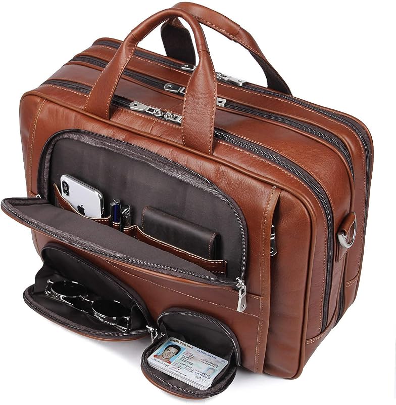 Genuine Leather Briefcase for men, Business Travel Laptop Bag, Brown | YKK zippers, Fits 16" laptop, 6 pockets, luggage strap, large capacity