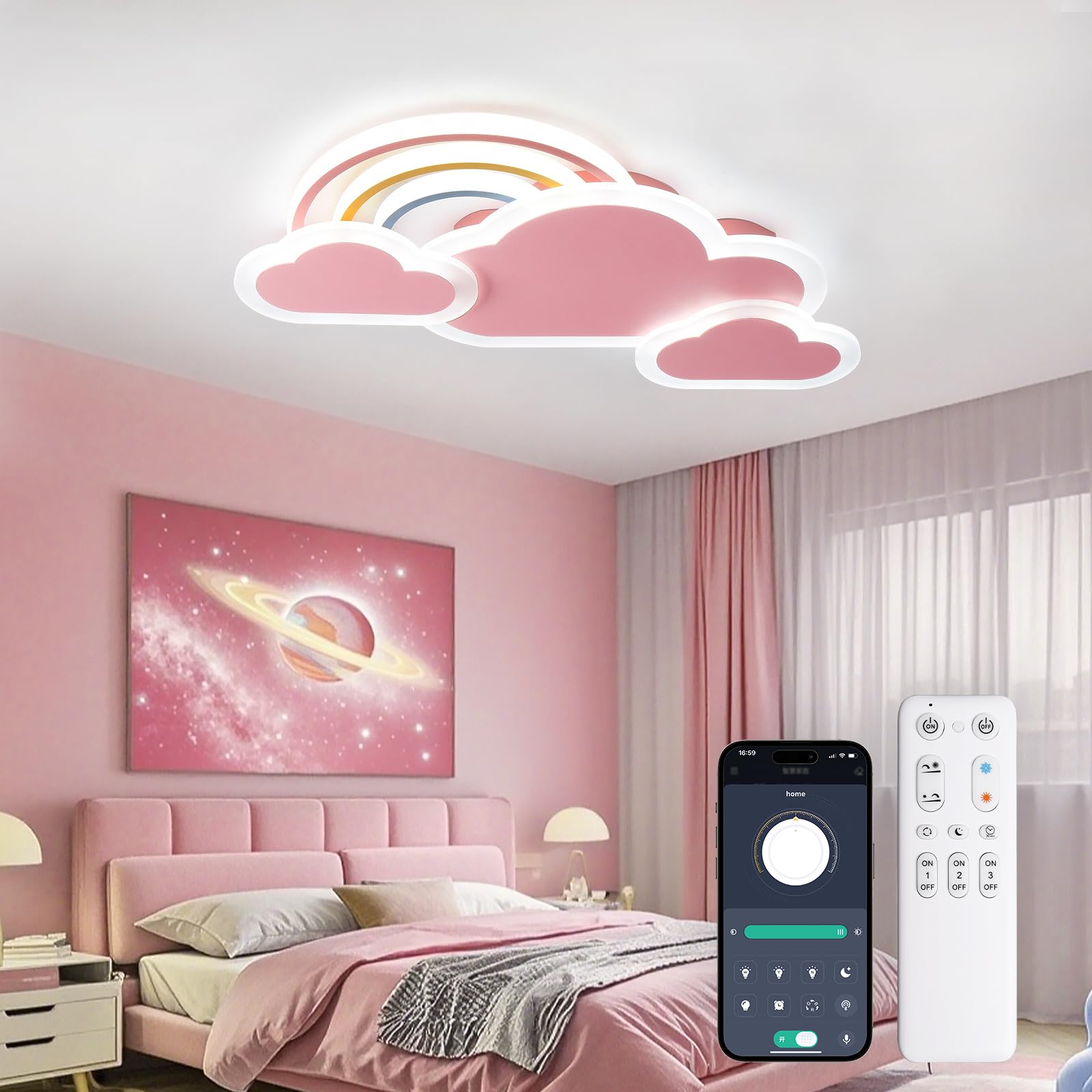 Lampara de Techo Infantil LED, 55cm/30W Lámpara de techo creativa Nubes con arcoiris Regulable con Control Remoto, Lámpara de Techo para Dormitorio de Niños y Niñas, Rosa