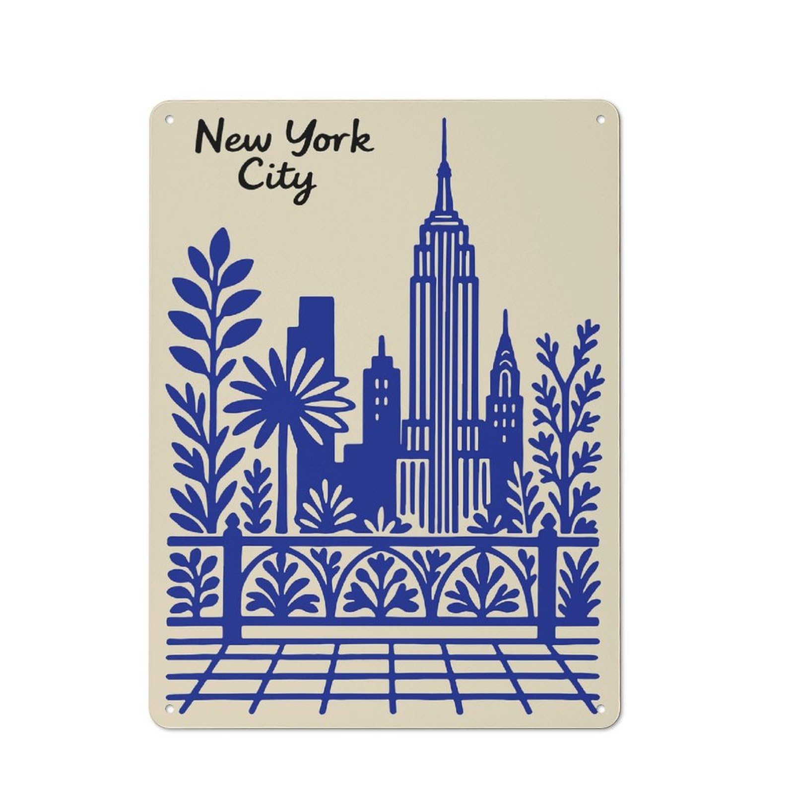 Junmoney Style-22 Vintage New York City Blue Illustration Metal Plaque 40X30cm, Kitchen Wall Decor For Restaurant, Kitchen, Counter Or Breakfast Nook
