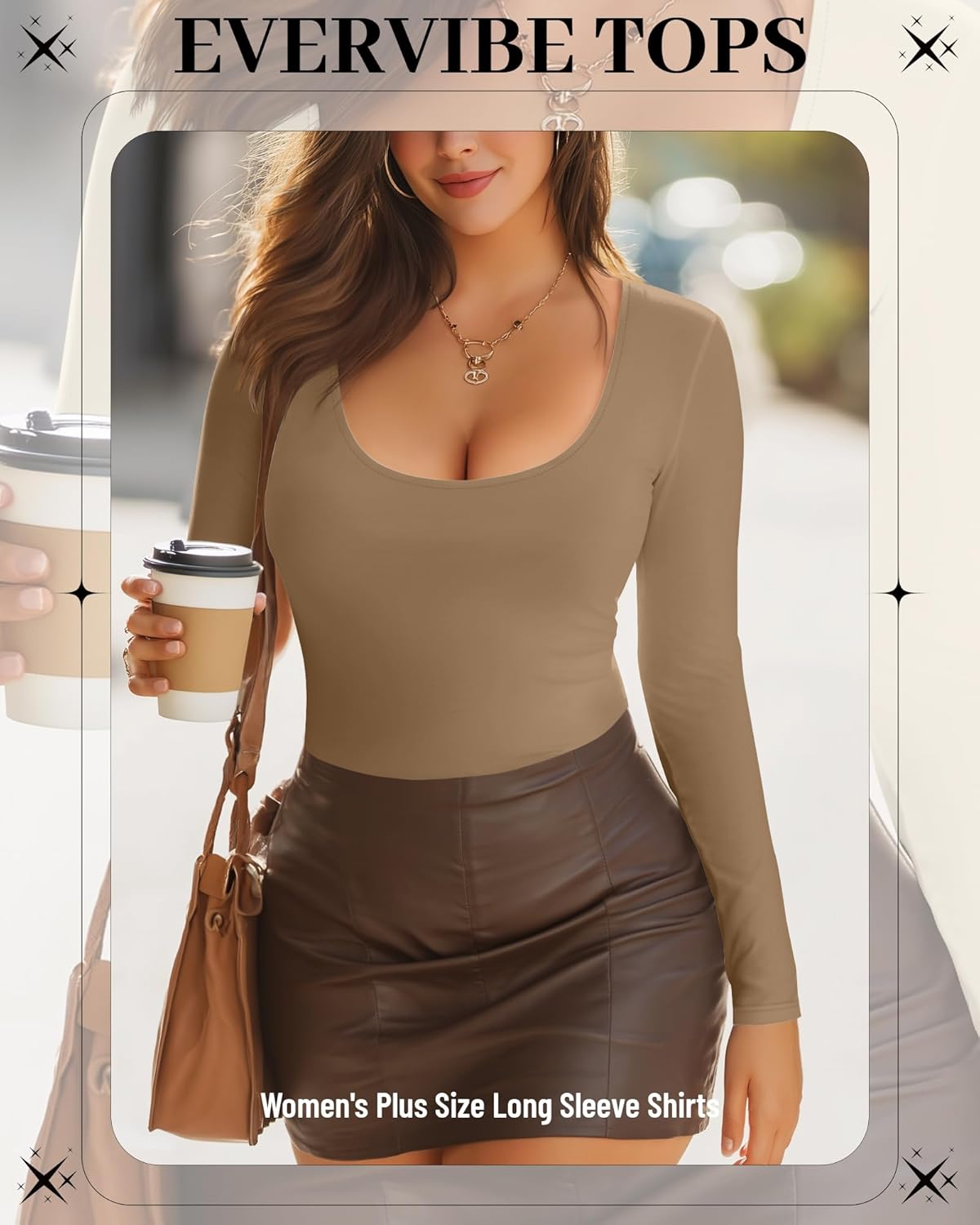 3 Pack Women's Plus Size Long Sleeve Shirts Scoop Neck Slim Fitted Top Casual Stretch Blouses Bodycon Layer Base Tee(Khaki, Army Green, Black,3X-Large) - Image 2