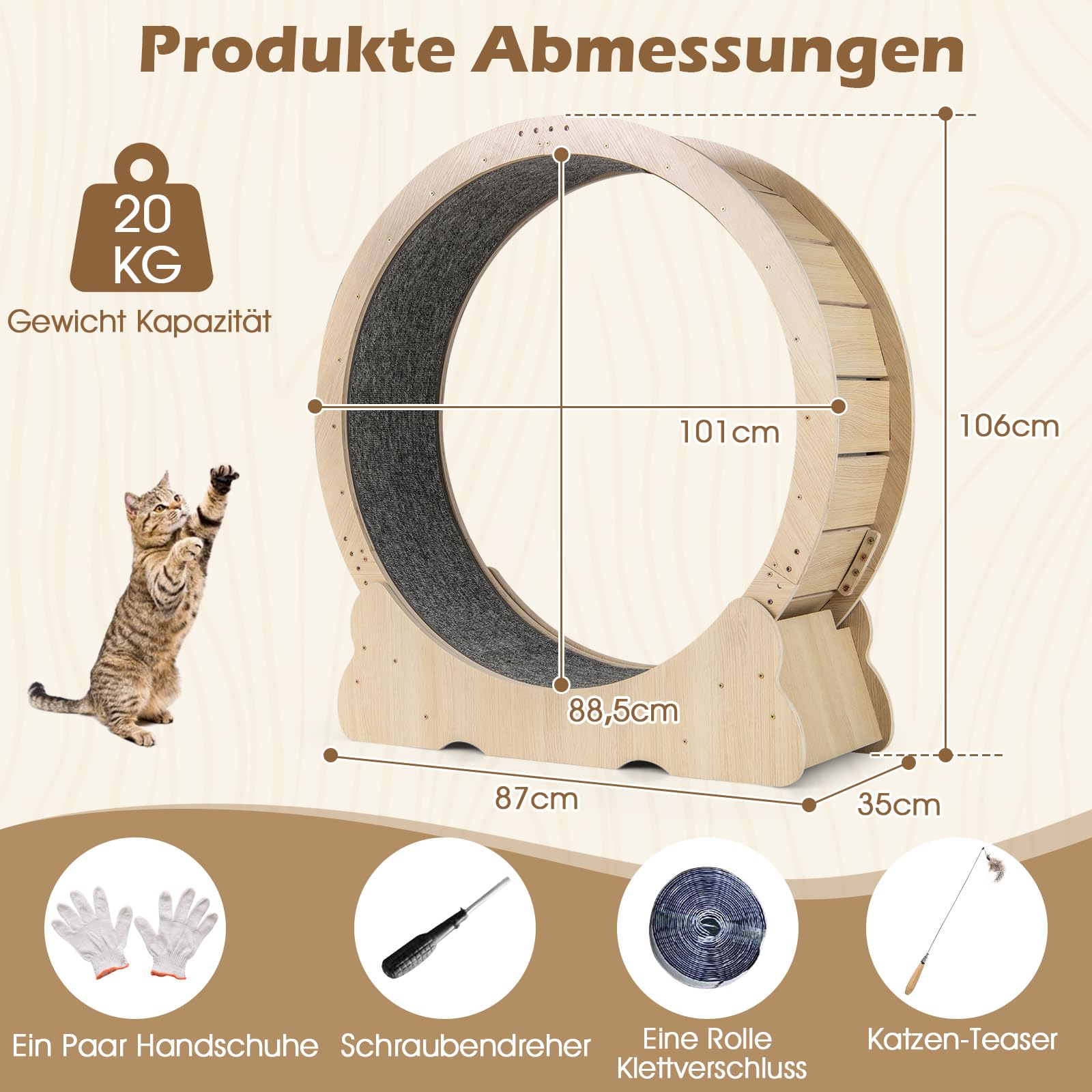 COSTWAY Katzenlaufrad, 101 cm Innendurchmesser, Laufrad Katzen mit abschließbarem Mechanismus & Kratzmatte, Ultra-leiser, Katzenrad Trainingsrad, für große Katzen bis 20 kg, Holz, Natur