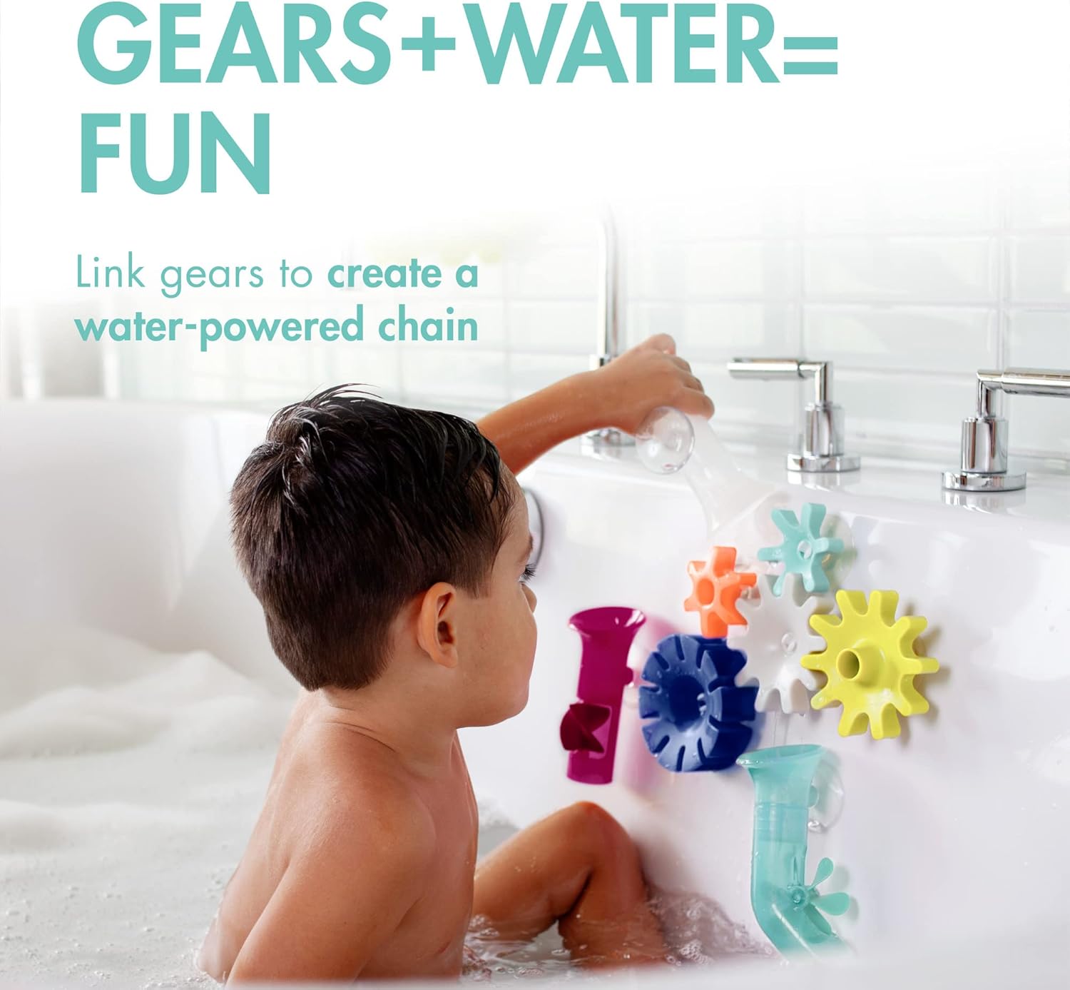 Boon Cogs Baby Bath Toys - Spinning Gear Themed Sensory Baby Toys for Bathtub - Suction Toys for Bathtub Walls - Navy and Yellow - 5 Count - Ages 12 Months and Up