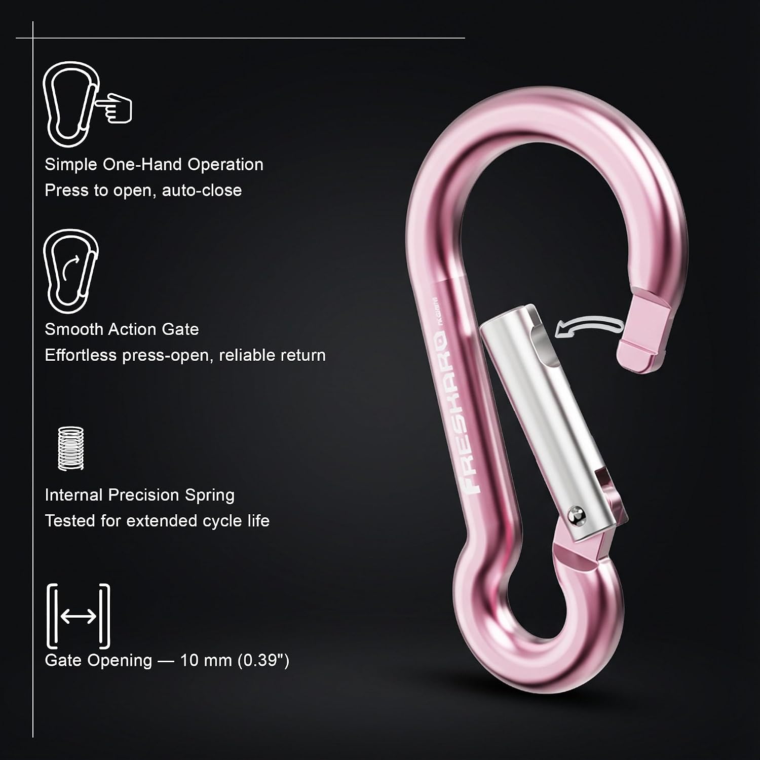 FresKaro 3inch 7kN-1575lbs Spring Snap Carabiners, Heavy Duty AL7075 Material-Lightweight & High Strength, Unique Designed Hook for Camping, Hiking, Fishing & Fitness Accessories, Multiple Colors image 3