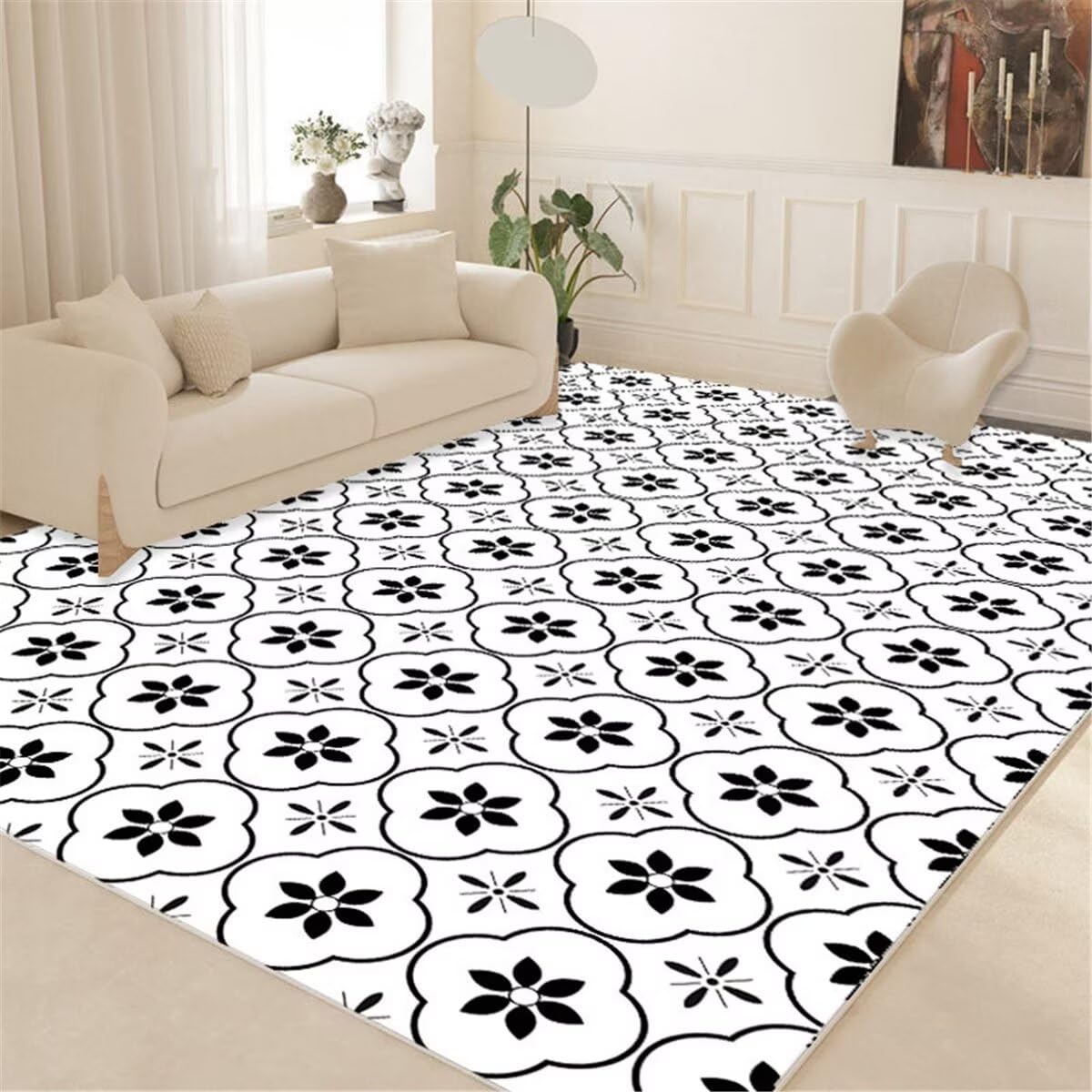 Tapis d'éveil bébé fille floral noir et blanc 60x90cm pour salon