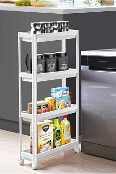 Omaş Slim Yeni Tekerlekli 4 Katlı Banyo Rafı-Mutfak Rafı Servis Sehpası Organizer White