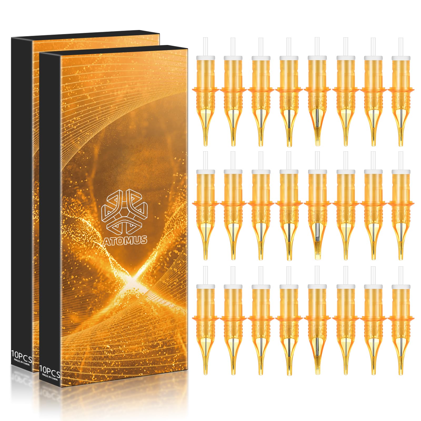 ATOMUS 50Pcs Tattoo Cartridge Needles Assorted Mixed Size Round Liner Shader Magnum Round Mag # 12 Standard Gold 3RL 5RL 7RL 9RL 3RS 5RS 7RS 9RS 5M1 7M1 Silicone Tattoo Needles for Tattoo Pen