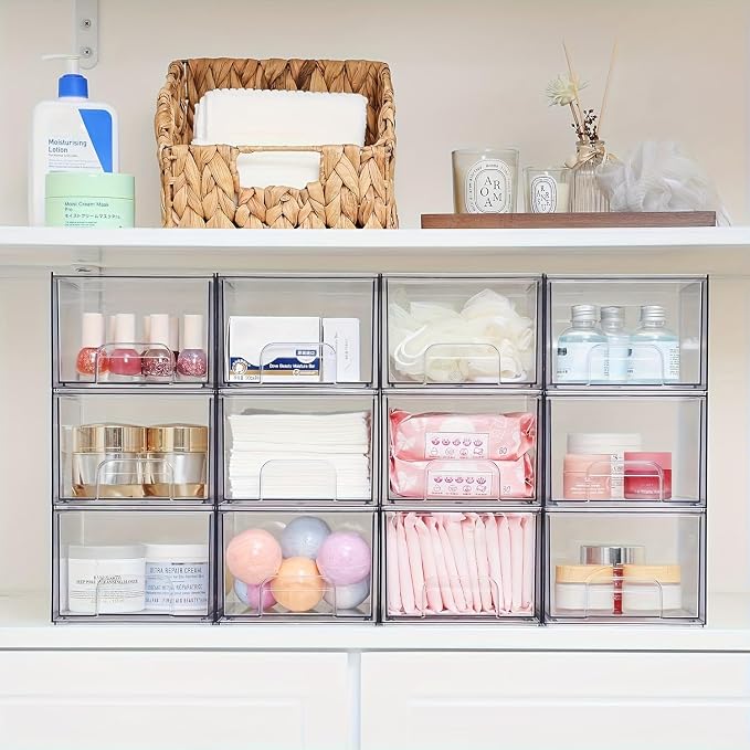 Caja organizadora apilable transparente de 9 compartimentos, plástico, para tocador, bajo el lavabo, gabinete de cocina, despensa miniatura 9