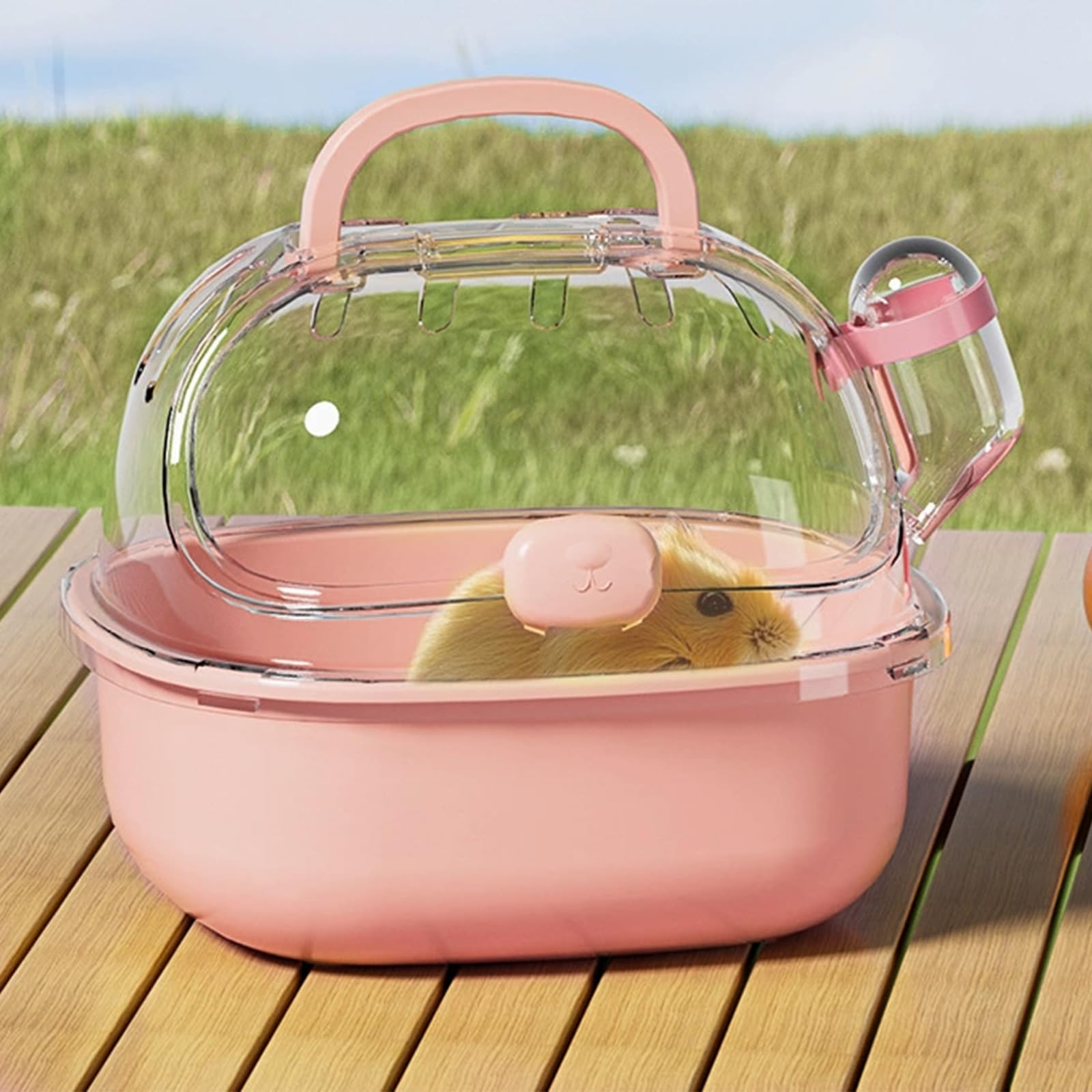 Boîte de transport pour hamster avec bouteille d'eau, portable, avec poignée confortable, 20 L x 18 l x 19 H cm, boîte de voyage pour souris, cochon d'Inde, lapin (rose)