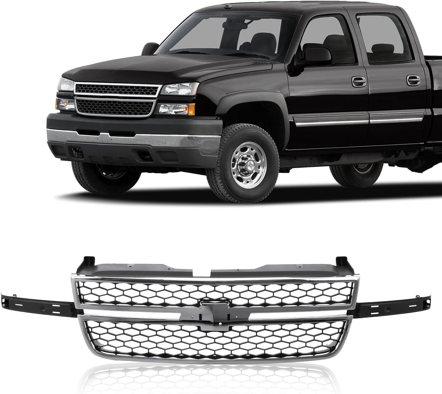 Perfit Liner Front Grille Grill Chrome Shell with Black Insert Compatible with 2003-2006 Chevy Silverado 1500HD 2500HD 3500 (2007 Classic) GM1200546 12335956