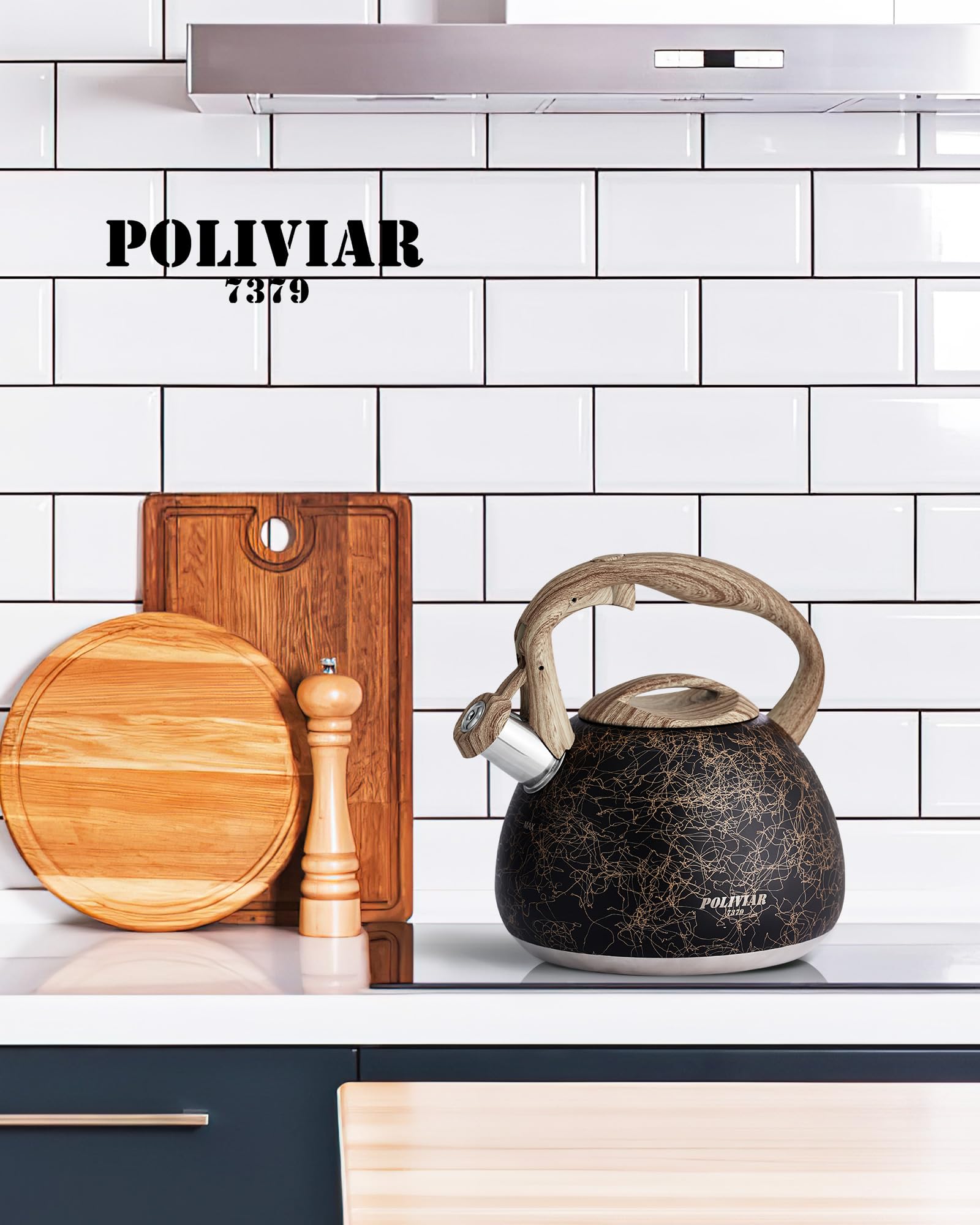 Poliviar, bollitore moderno a induzione, in acciaio inox, per tutti i piani cottura, bollitore a fischio con manico in venatura del legno, bollitore per tè e caffè, max. 2,7 l, oro nero