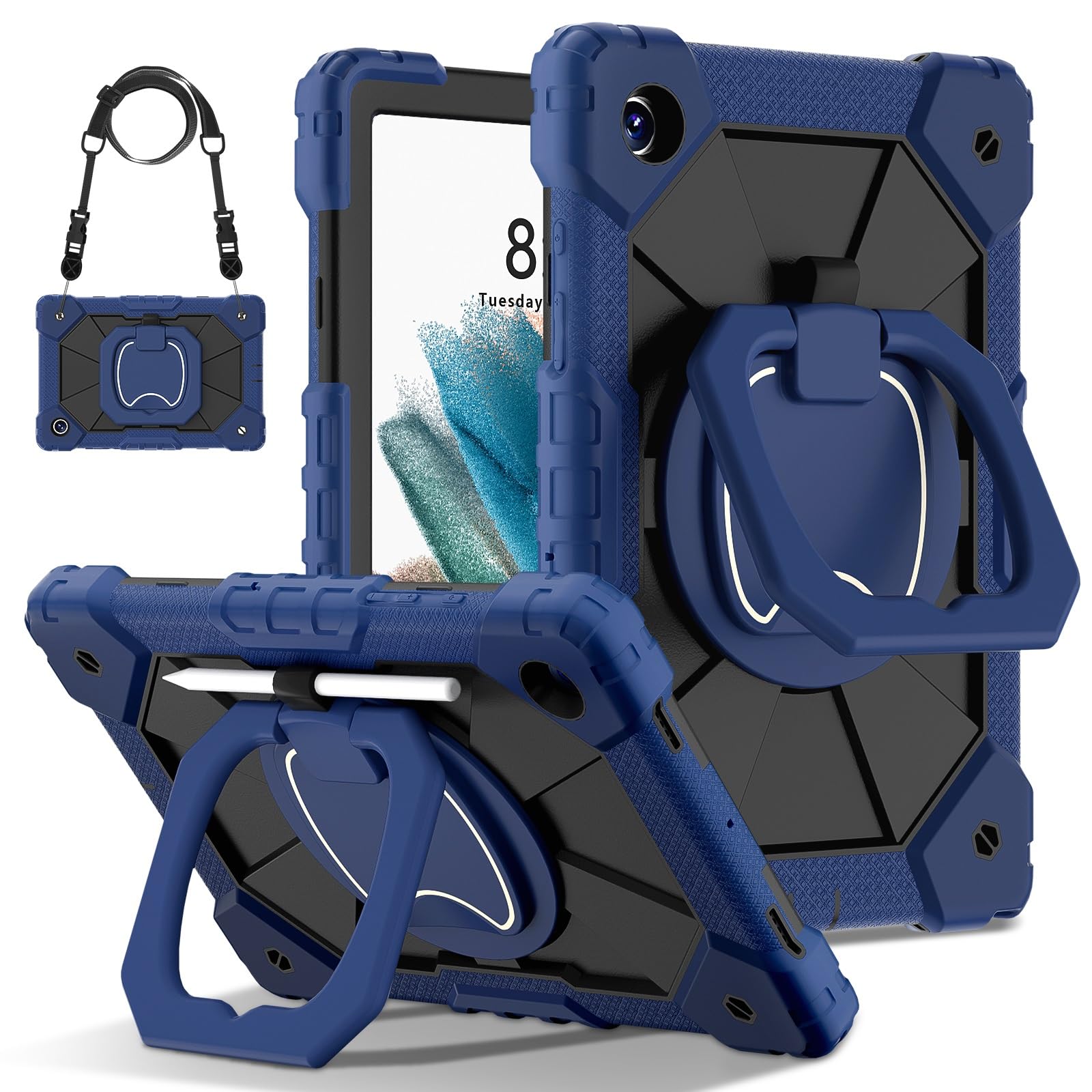 Etui Galaxy Tab A8 kompatybilne z etui Samsung 10,5 cala (SM-X200/X205) 2021 Wytrzymałe, odporne na wstrząsy, ochronne obrotową podpórką 360° + pasek rękę + ramię(Navy+Black)