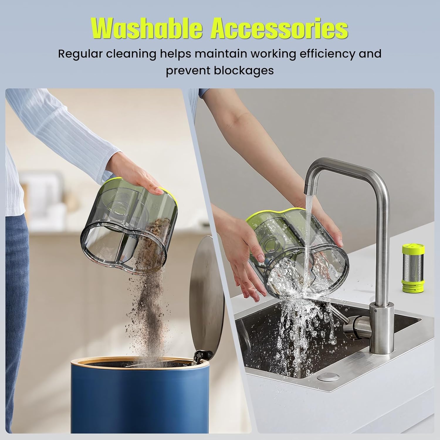 Steps for emptying dust from the vacuum and washing the dust cup and filter