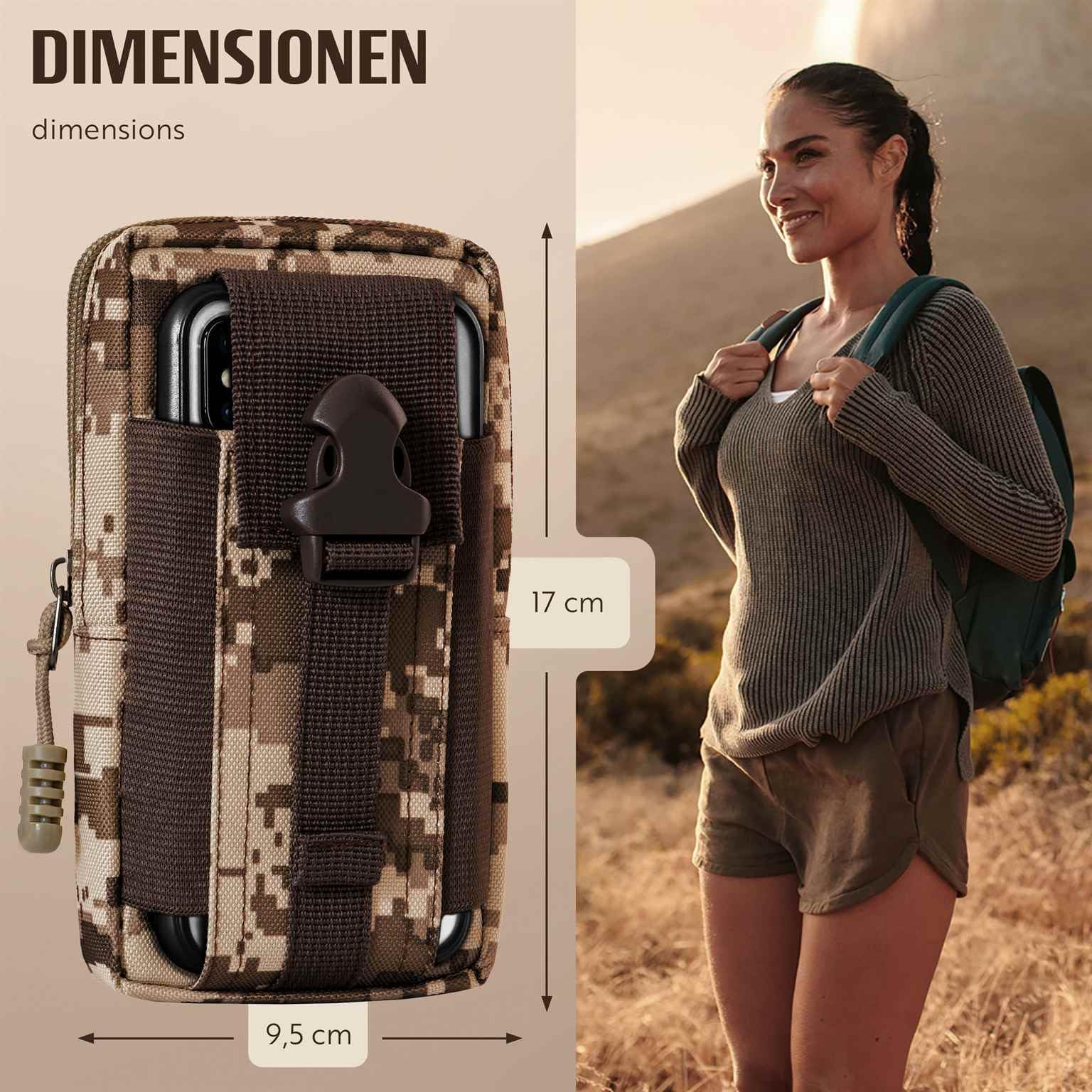 ONEFLOW Custodia di sopravvivenza per Huawei Pura 90, custodia da cintura in nylon con moschettone, borsa tattica EDC con supporto per cintura, custodia per cellulare per esterni, marrone mimetico