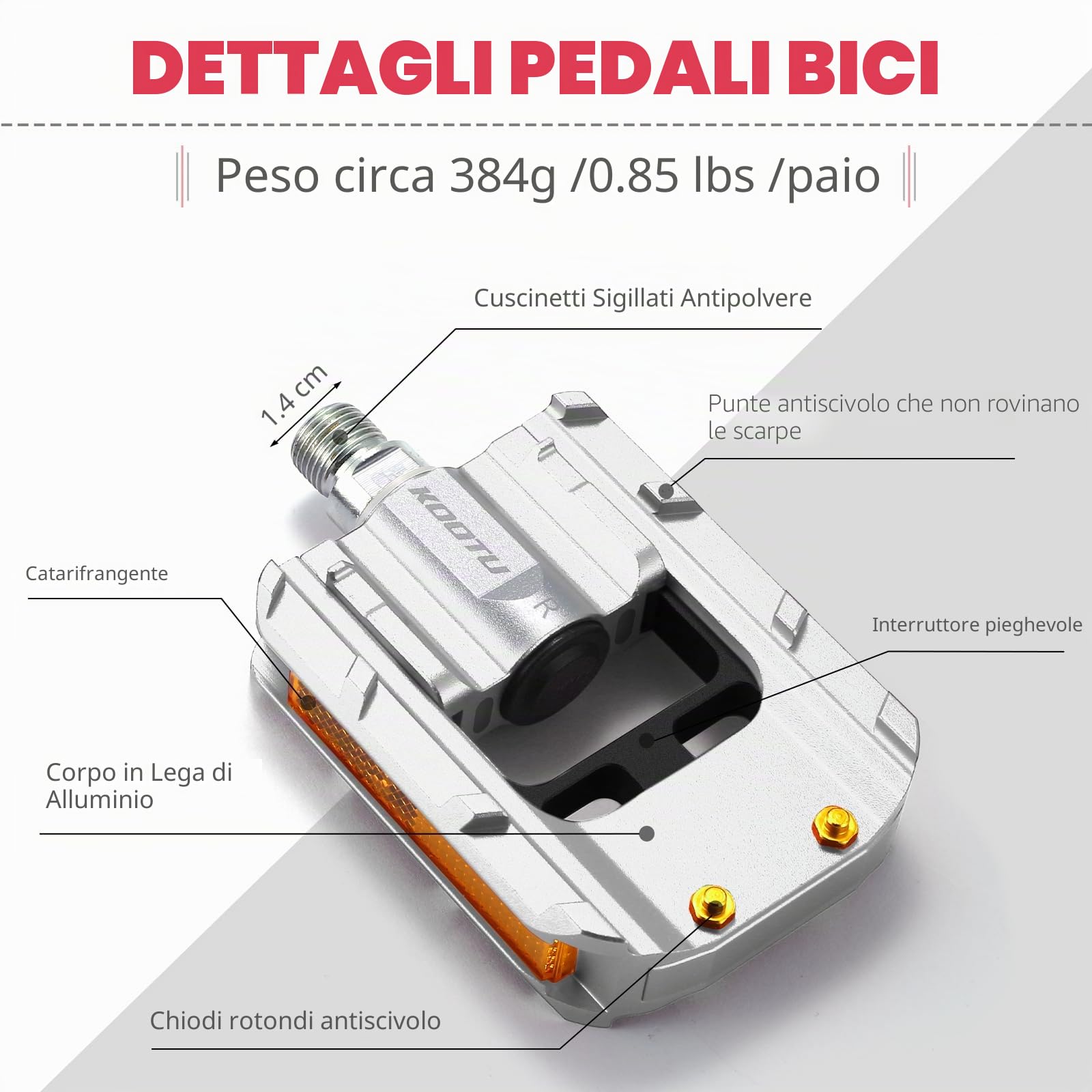 KOOTU Pedali bici con strisce riflettenti, pedale pieghevole universale 9/16 pollici Mountain Bike Pedali, antiscivolo in lega di alluminio Pedali bici per strada BMX MTB Bike